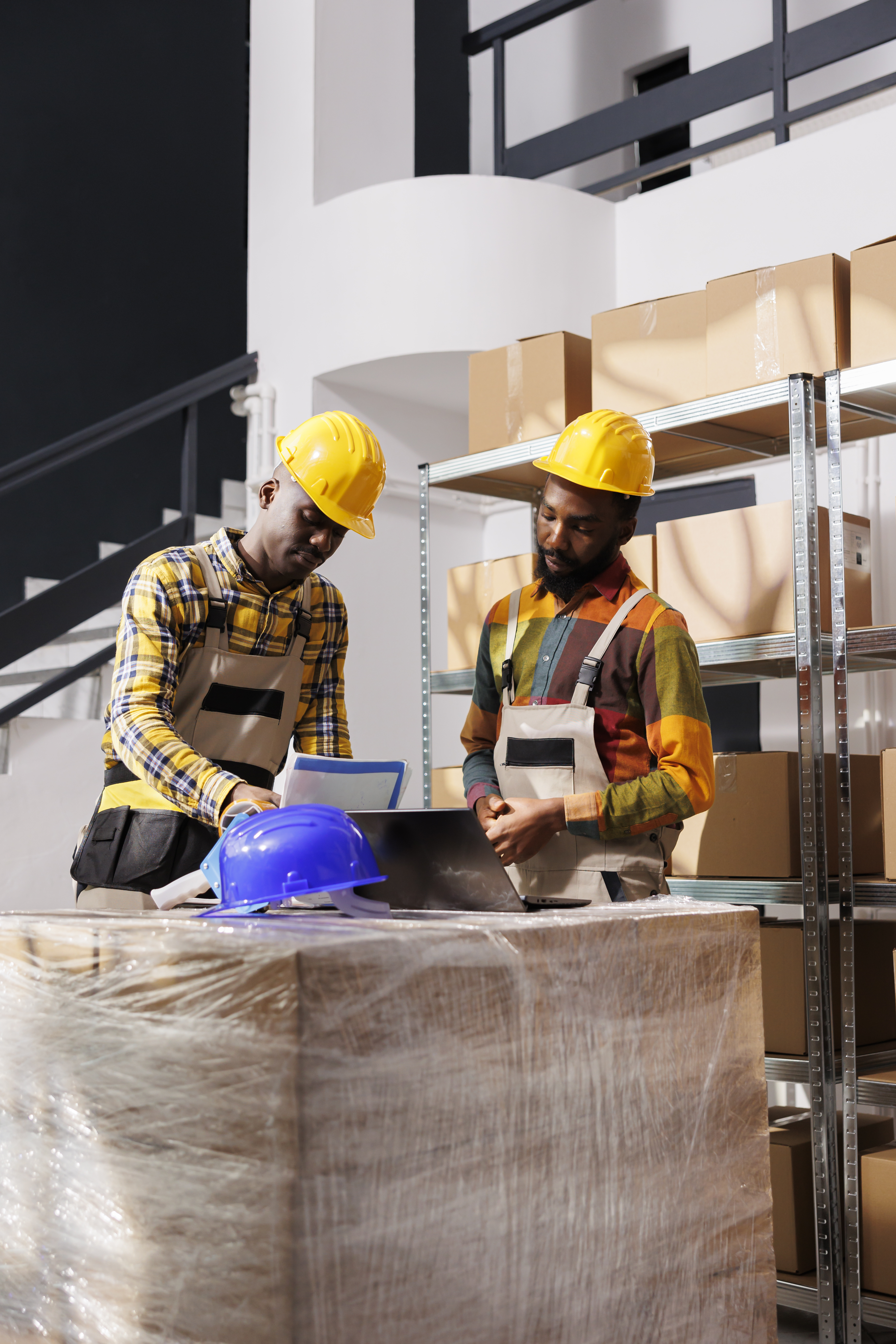 Logistics managers analyzing inventory and comparing data on laptop and clipboard in warehouse. African american men checking goods supply schedule and working in distribution department storehouse