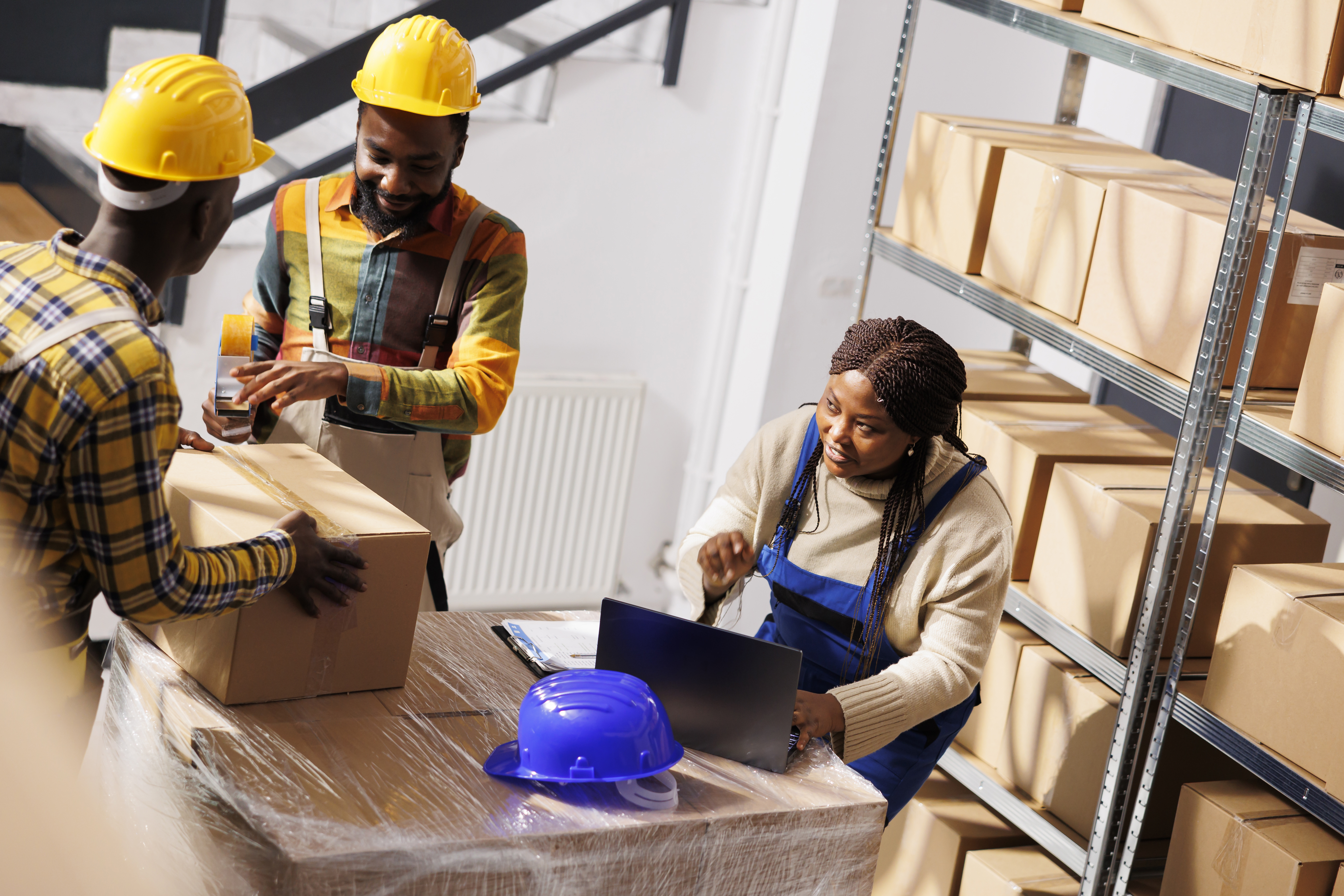 Warehouse manager checking orders list and coordinating parcels packing process. African american woman supervisor with laptop controlling freight cardboard boxes sealing and dispatching